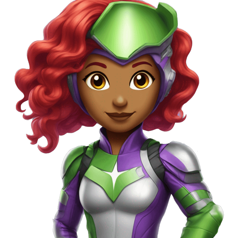 dc comics starfire red hair; purple silver spacesuit; eyes green emoji