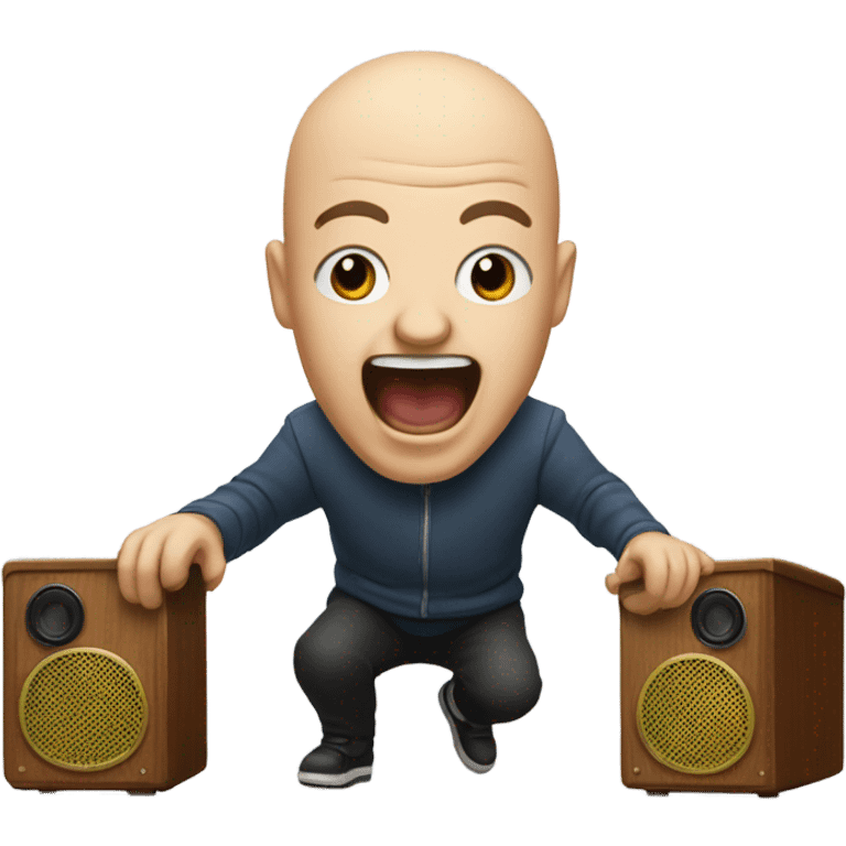 A bald man riding a speaker yelling “band!” emoji