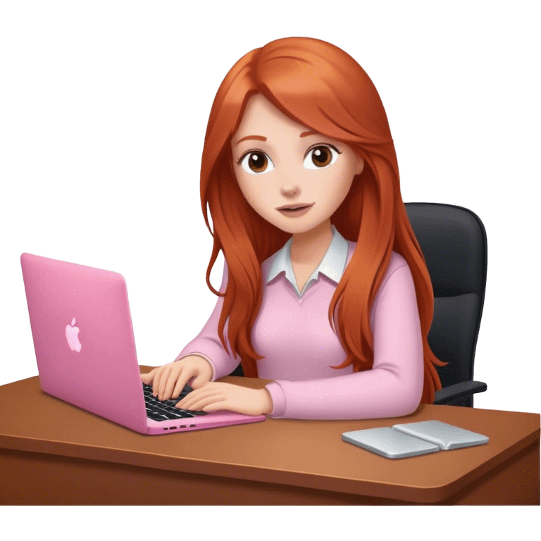 Long hair Redhead sat at desk with pink MacBook  emoji