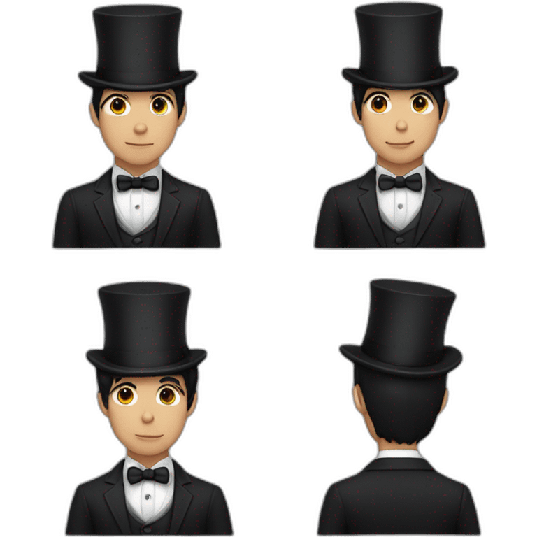 Half body young man white bow white tie, black suit and top hat, black hair  emoji