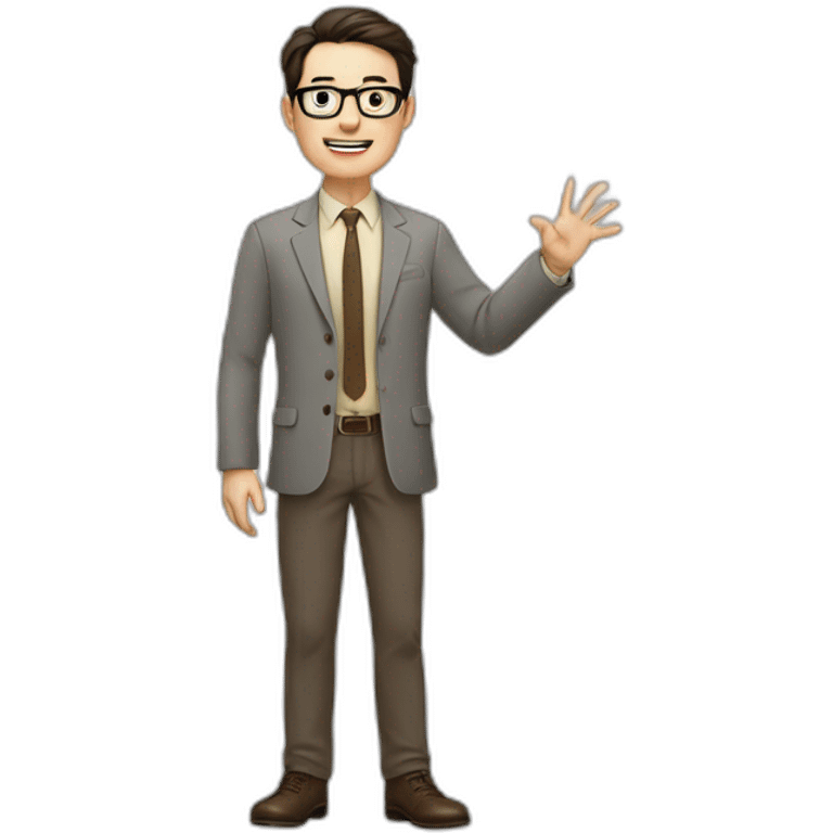 Full height Actively gesturing with hands Pale skinned fit man with dark brown hair in gray jacket, beige office shirt, brown tie, brown pants and vintage glasses. emoji