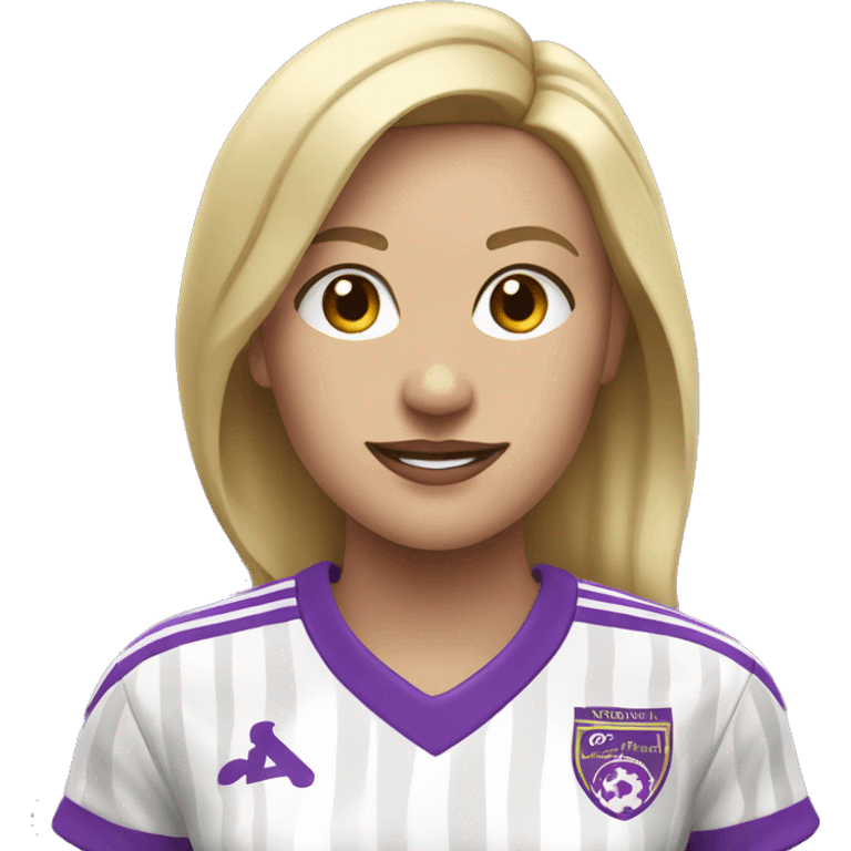 a blonde woman in white soccer jersey with purple pinstripes emoji