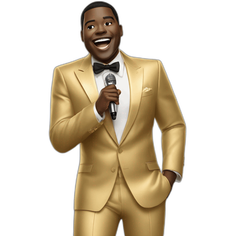 sam richardson in a gold suit singing into a microphone full body dancing emoji