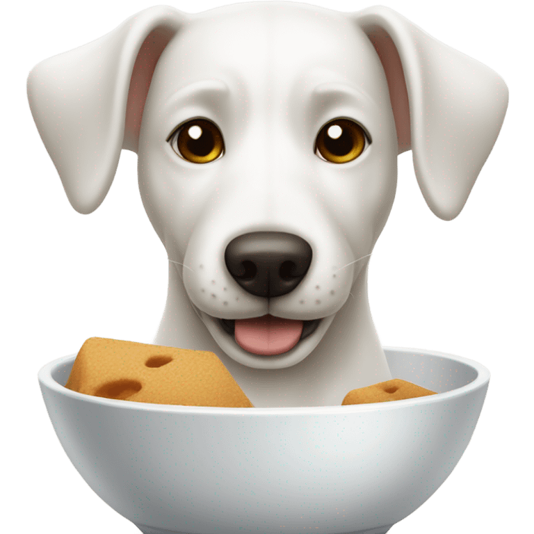 White dog with one brown ear eating food in dog bowl  emoji