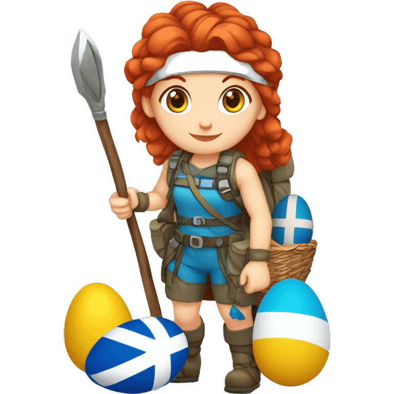 Greek Female winter mountaineer red hair white skin climbing with Greek Flag and Easter eggs basket emoji