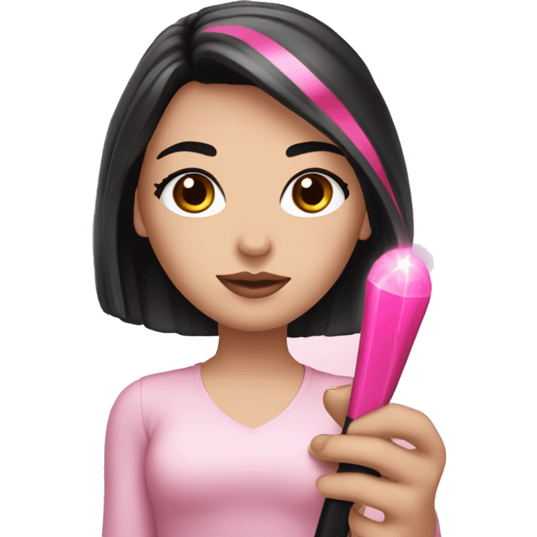 White Girl hand pink nails holding pink wand with black hair and brown eyes emoji