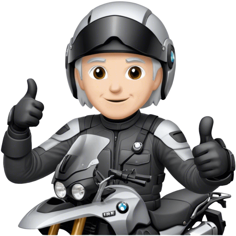 bmw gs  silver 1200 rider with grey hair  no beard giving a thumbs up with a black helmet emoji