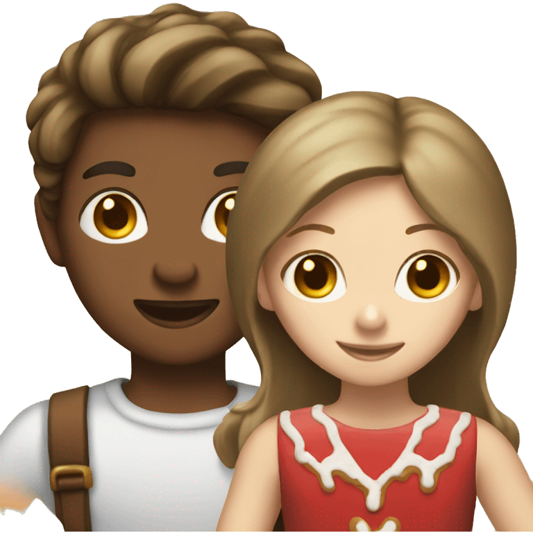 Blonde boy and brunette girl making gingerbread emoji