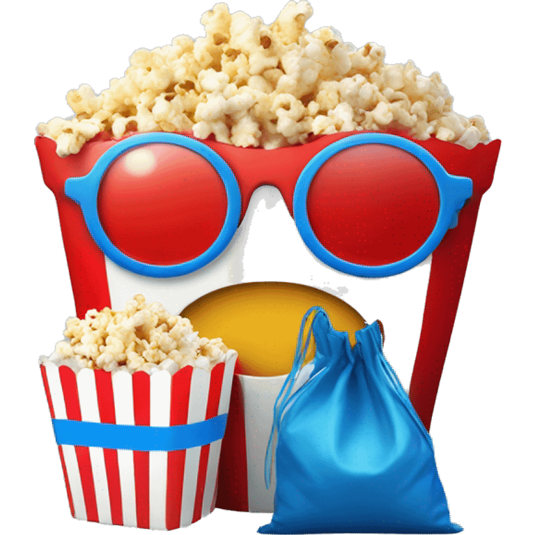 Emoticon smiley circle with red and blue 3D glasses and small bag of popcorn to the side emoji