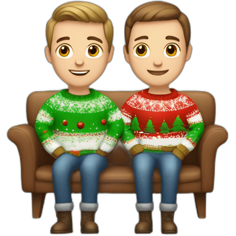 gay couple sitting in christmas sweathers with brown faded haircut emoji