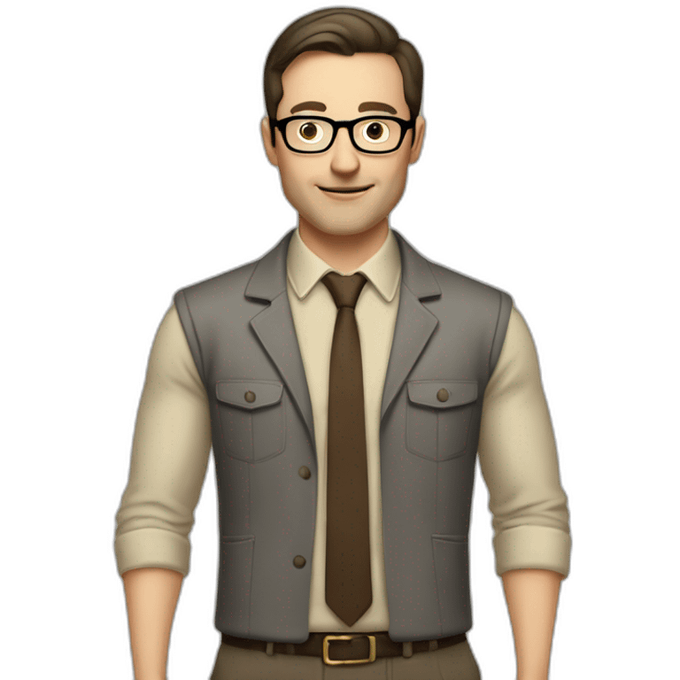 To belt Actively gesturing with hands Pale skinned fit man with dark brown hair in gray jacket, beige office shirt, brown tie, brown pants and vintage glasses. emoji