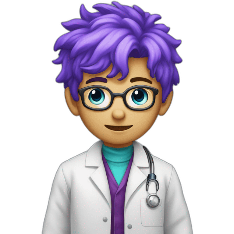 A young boy with a lab coat and a blue shirt underneath with purple hair in the style of the mad scientist emoji