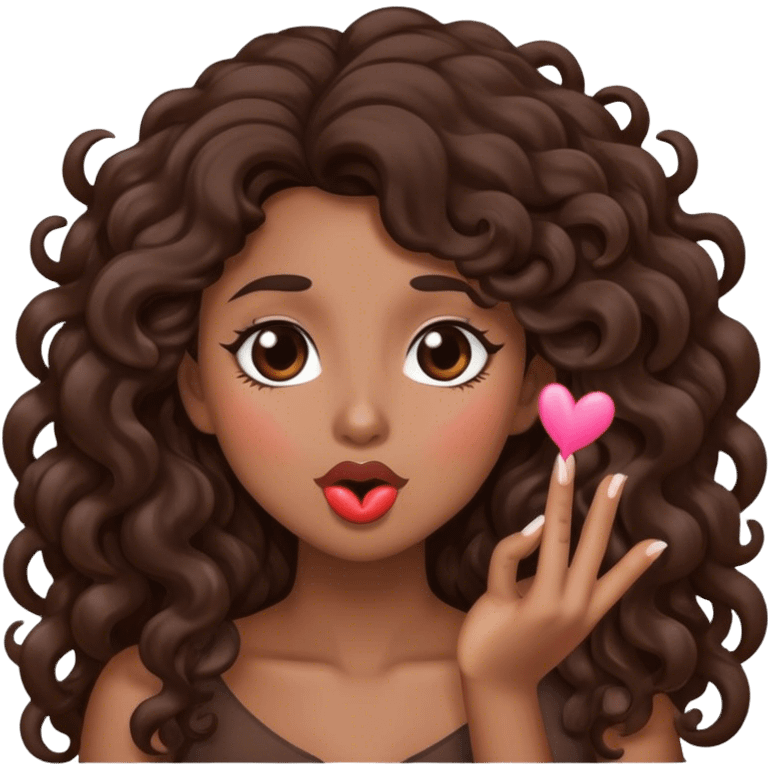 Brown woman with dark brown long curly hair blowing a kiss  emoji