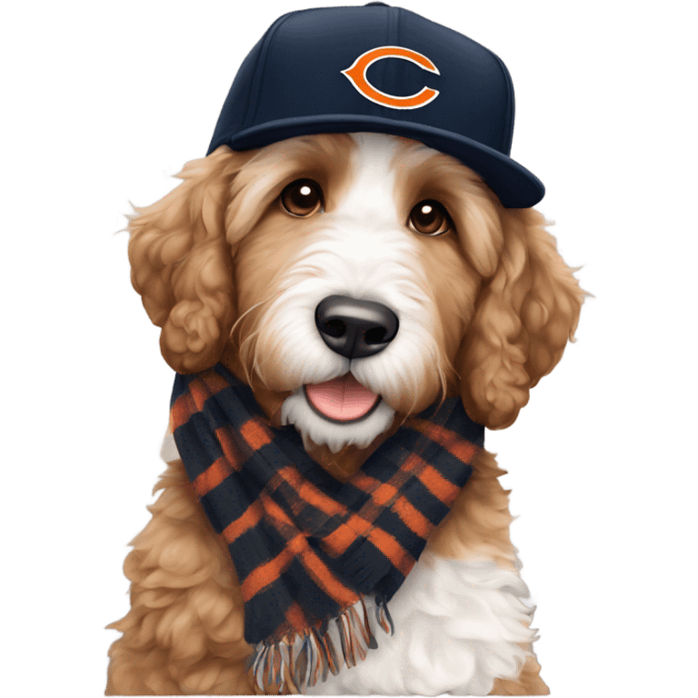 Bernedoodle with chicago bears hat and scarf emoji