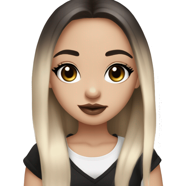 Slavic girl, goth eyes makeup, pink lips, brown eyes, long black-to-blonde ombre straight hair, black T-shirt, chibi, smiling. emoji