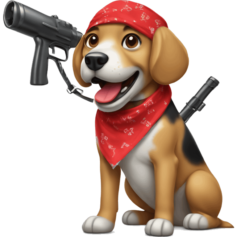 Dog with a red bandana and sharp teeth with a paintball gun emoji