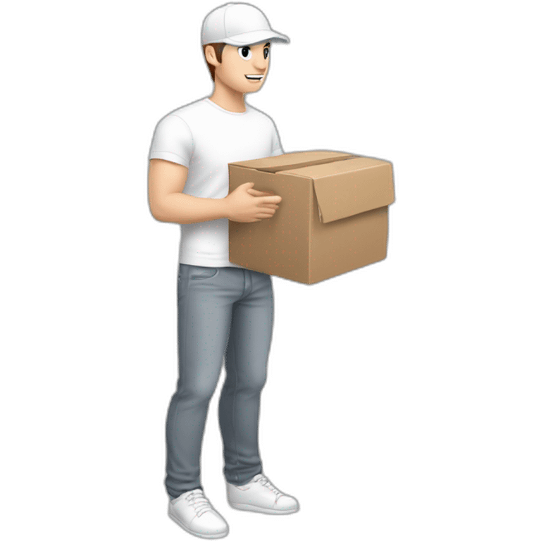 Pale skinned fit Man with dark brown hair in a white cap, gray jeans and gray polo T-shirt keeping a pasted box into his hands emoji