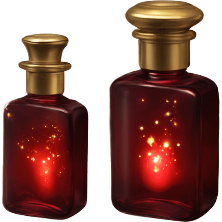 Dark red magic fairy light sparkling old Antique oil perfume bottle with herbal and flowers emoji