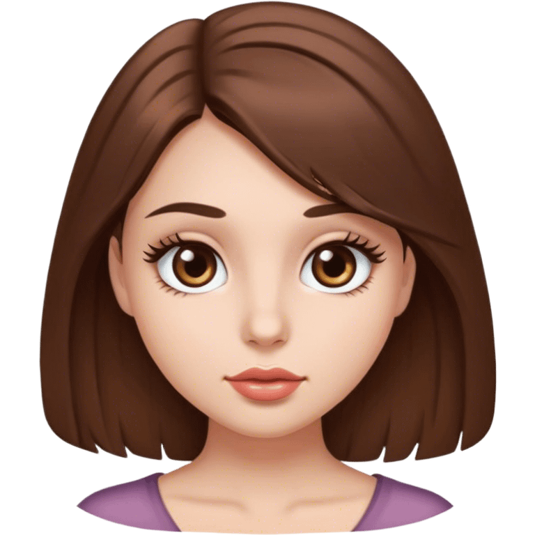 A girl with medium length brown hair, round eyes, long eyelashes, small plump lips emoji