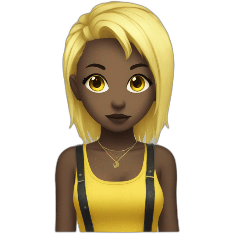 cute punk girl in yellow dress dark skin with yellow eyes and dark curvy hairs drummer anime style emoji