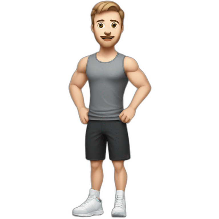 Full height Actively gesturing with hands Pale skinned Fit Man With the biceps and brown hair in dark gray Sleeveless Mike, black oversize sports shorts, watch and white Sneakers emoji