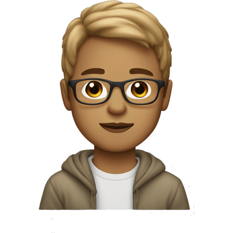 boy with light brown hair, light skin and bangs ans glasses wearing a sweatshirt emoji