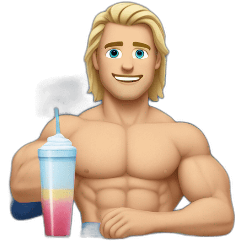 Man with shoulder length dark blonde hair and blue eyes with muscles sitting in front of computer and a protein shake emoji