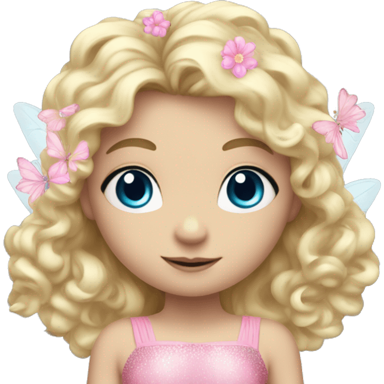 Fairy, a blonde hair with blue eyes and a pink dress with sparkly wings. Flowers. White wings. The fairy has long, curly hair with a lot of volume emoji