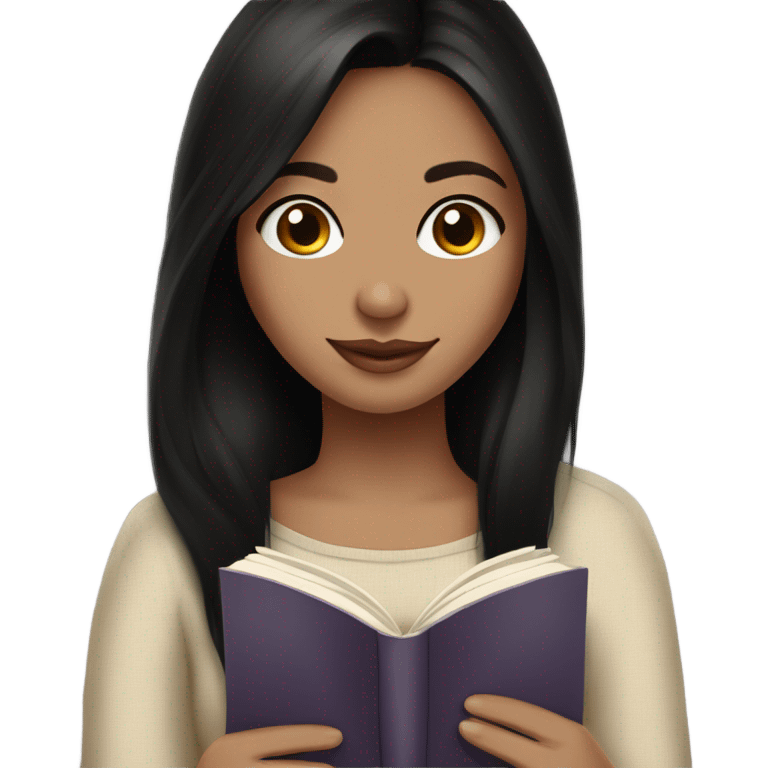 Brunette girl, black straight hair, cozy with tea and book emoji