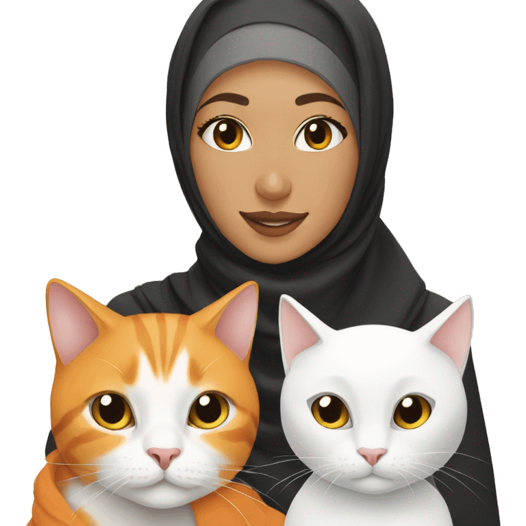 Hijabi girl with two cats, one orange cat and one white cat emoji