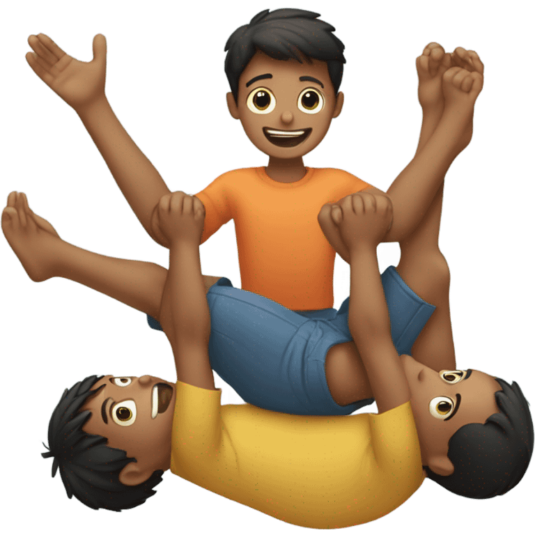 2 boys lifted a boy with their hands and legs emoji