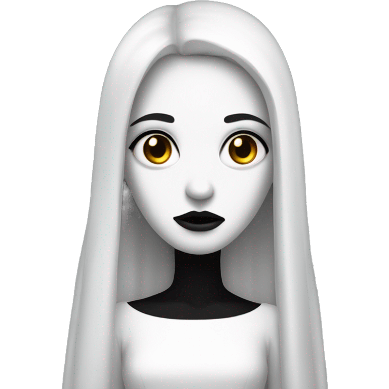 white face girl with long black hairs in white dress looking to a front like horror emoji