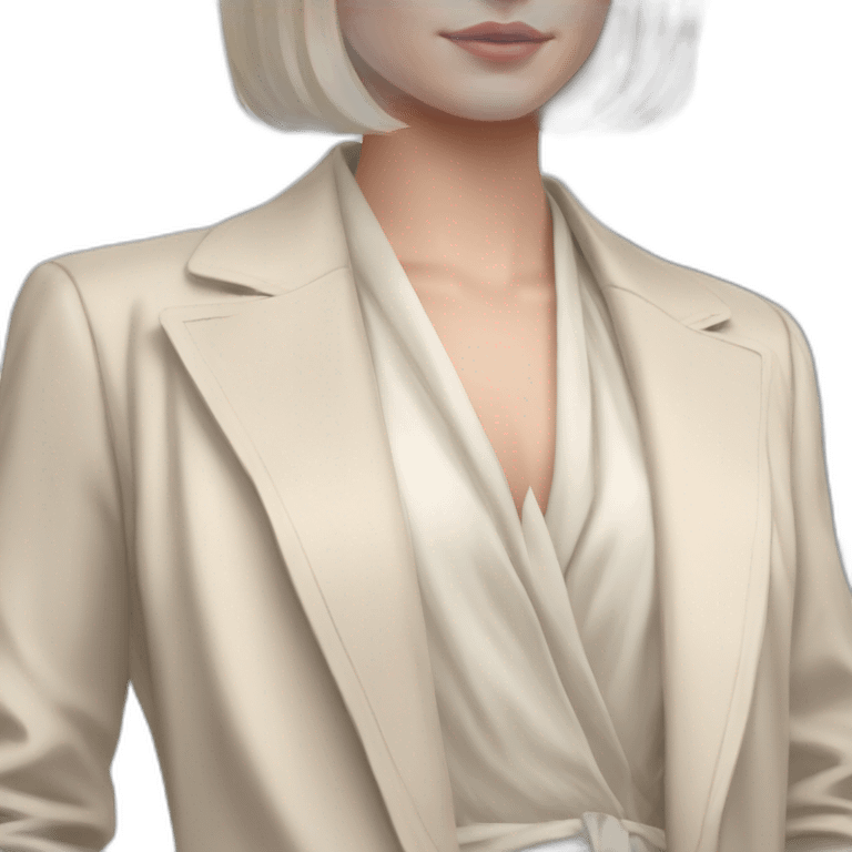 pale skin woman with ash blonde Straightened bob Hair, White Spacious classical jacket, beige palazzo Arrow pants and gray blouse holding white IPhone 15 pro in the hands emoji