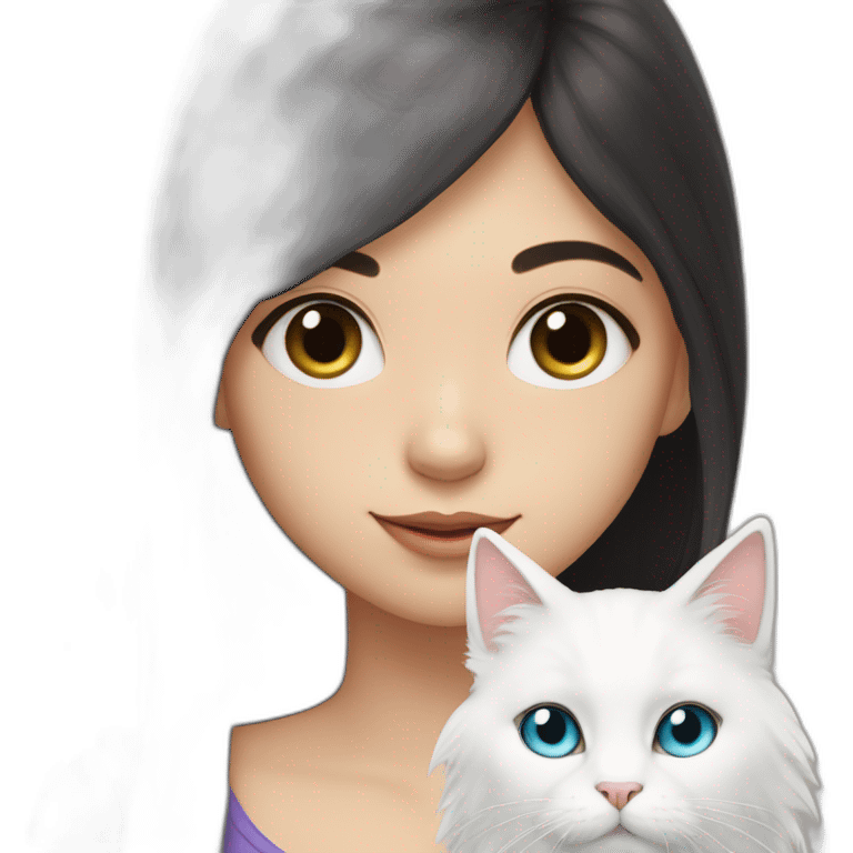 A girl with long dark hair and on her left shoulder and neck lies a white fluffy cat with eyes of different colors emoji