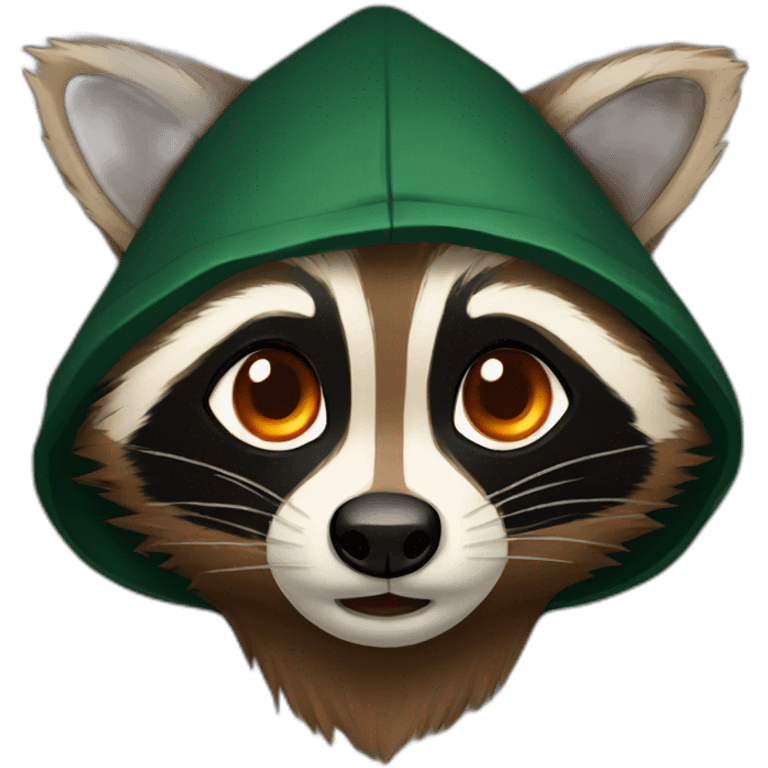 brown raccoon with orange eyes and a dark green hood that is crying emoji