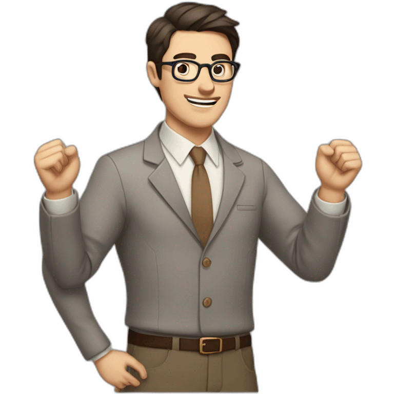 To belt Actively gesturing with hands Okay Pale skinned fit man with dark brown hair in gray jacket, beige office shirt, brown tie, brown pants and vintage glasses. emoji