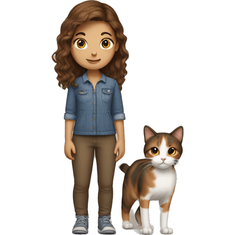 Brown hair girl with calico cat emoji