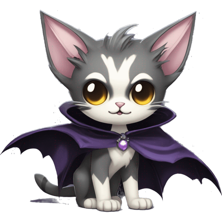   cool edgy beautiful anime-style ethereal dark-punk-themed animal vampiric cat-hybrid Fakemon with fangs and bat-wing-ears with a cape full body emoji