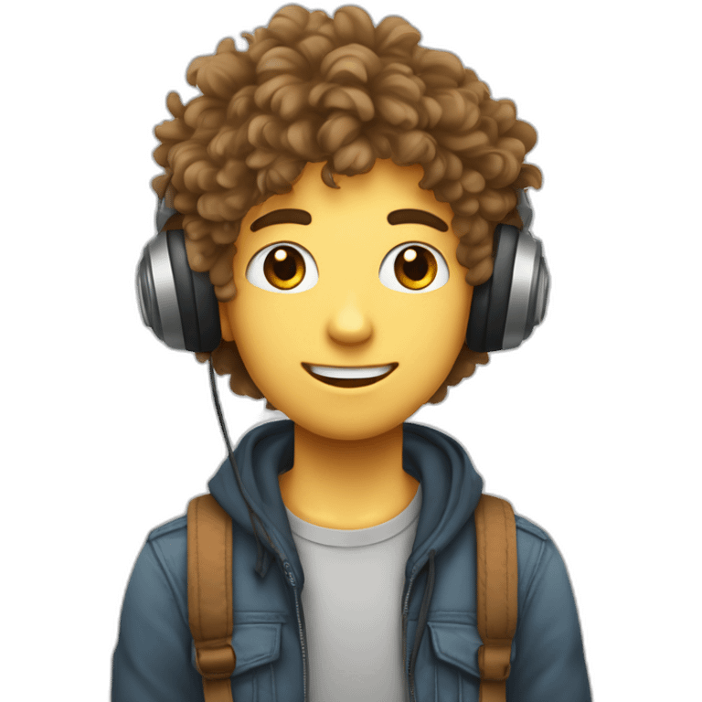 Adolescent garçon avec des cheveux bouclés et unCasque de musique avec des oreilles de chat dessus emoji