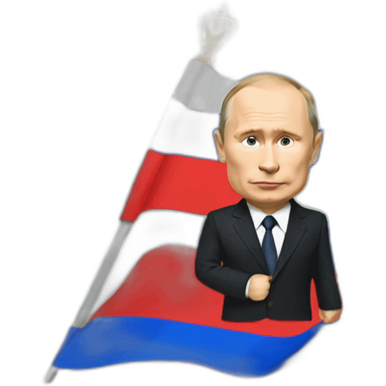 Putin holds the Russian flag, but instead of red it is blue emoji