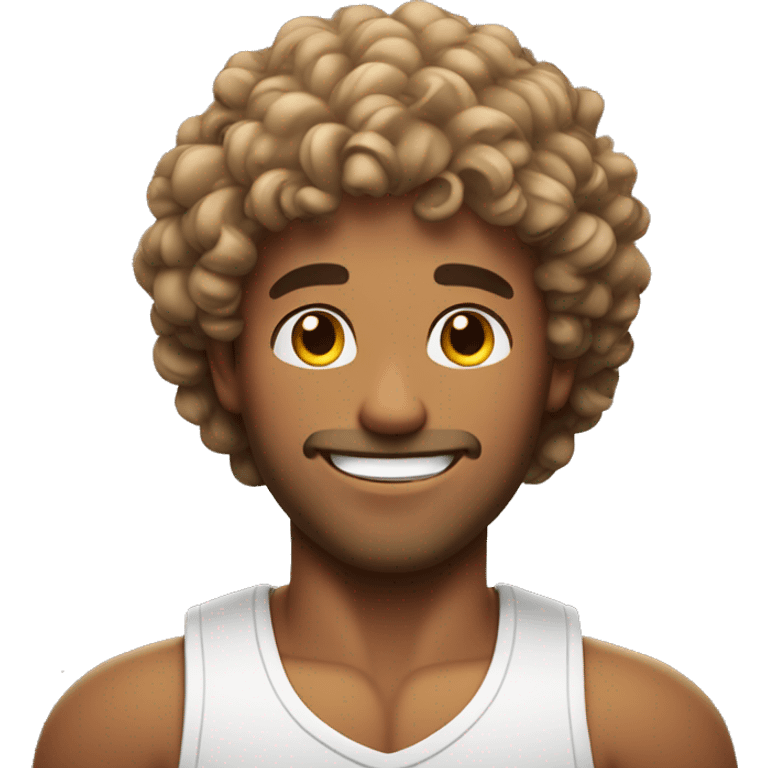 An emoji of a muscular man with curly hair, displaying a confident pose and a friendly smile emoji