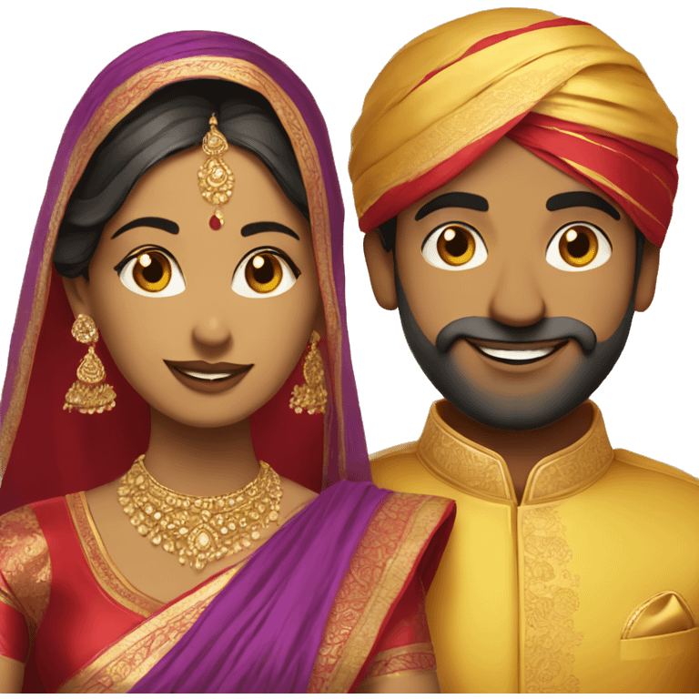 Indian bride and groom. Yellow saree with red blouse and purple sherwani. No turban.  emoji