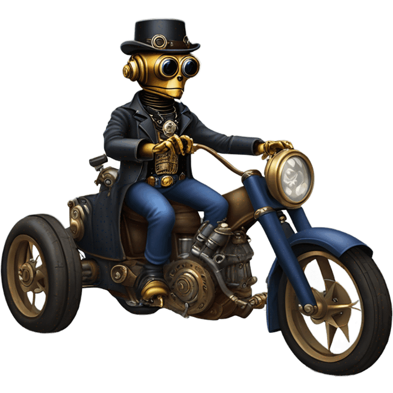 Old west Bounty hunter C-3PO wearing a pair of navy-blue rimmed steampunk goggles, hat, leather chaps, fringe jacket riding a relaxed 3 wheeler trike steampunk rat rod motorcycle in desert town  emoji