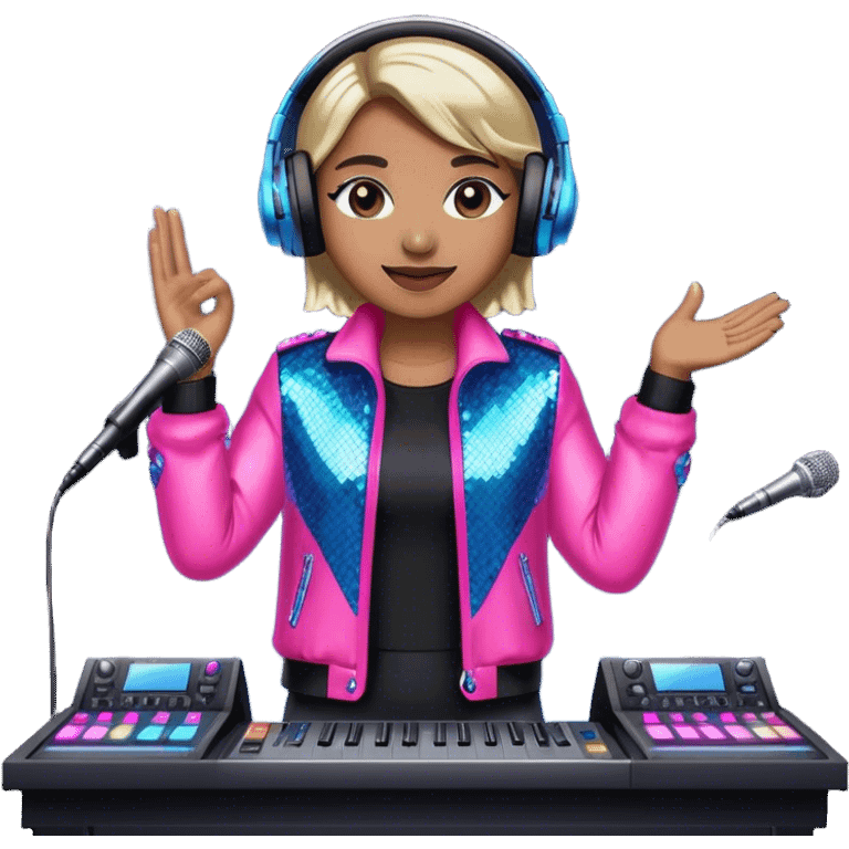 Create a vibrant and modern emoji that represents pop or stage vocal performance. The design should feature a high-quality microphone, a stage monitor, and a sound mixing console to symbolize the professional setup used in pop vocals. Add elements like studio headphones, a soundboard with sliders, and an elegant stage costume (e.g., a flashy jacket or sequined outfit) to reflect the glamorous side of pop performance. Use energetic colors like neon pink, electric blue, and silver to convey the dynamic, high-energy nature of pop and stage singing. The background should be transparent. emoji