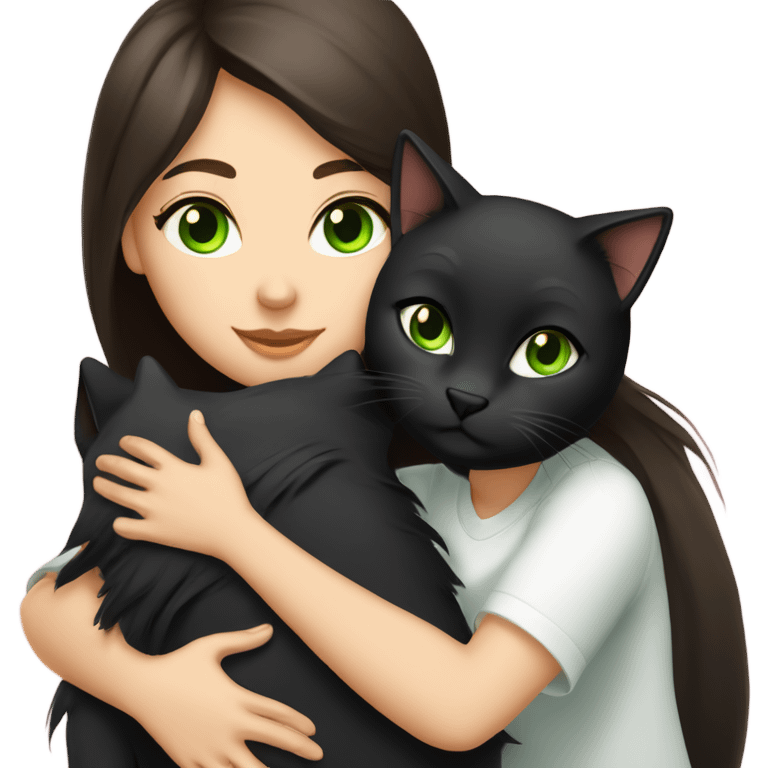 Girl with dark brown hair and fair skin hugging a black medium haired cat with green eyes emoji