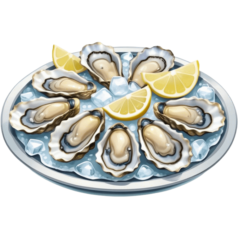 Cinematic fresh oysters on the half-shell, glistening with seawater, served with lemon wedges and ice, soft glowing highlights, elegant and luxurious. emoji