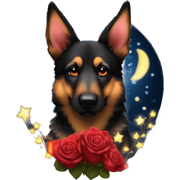 Bokeh Midnight starry night stars dark Brindled striped brindle black German shepherd fox carrying glowing red lantern, fairy lights, rose flower crown, bokeh lights, out of focus blur emoji