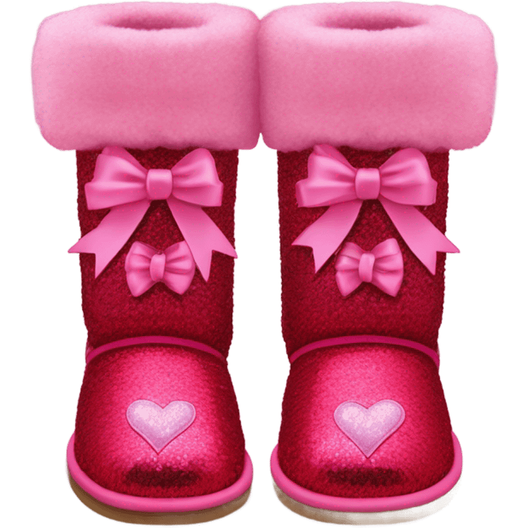 Realistic isolated pair of tall Red Ugg Fur Boots laced up with pink silk ribbon bows and hot pink and light pink sequin heart shaped patches sewn onto them. emoji