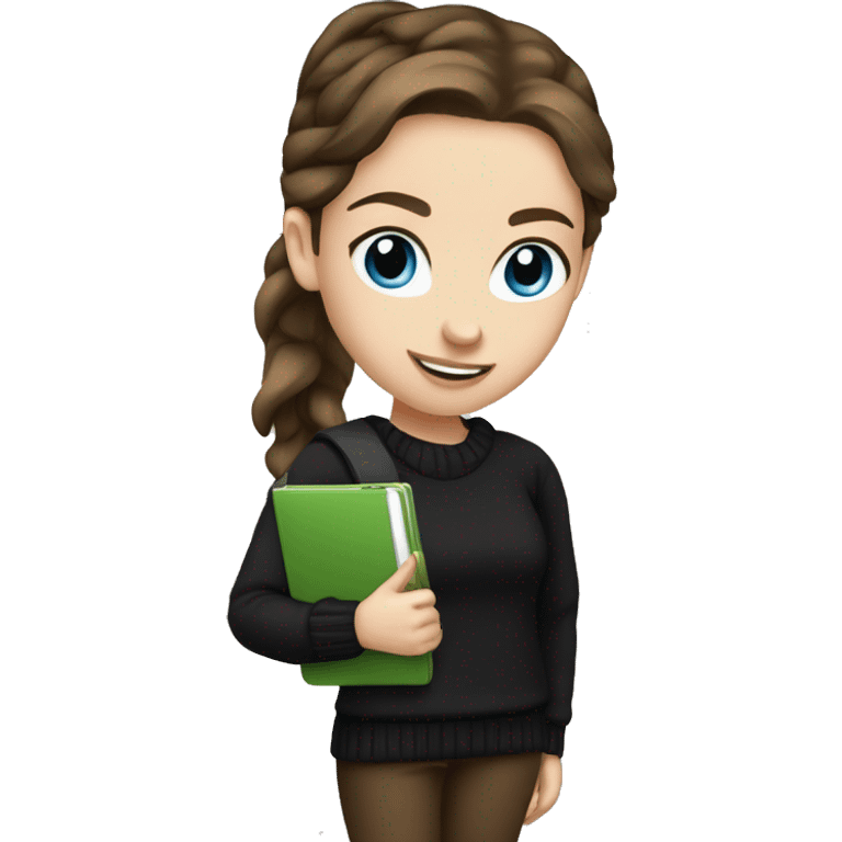 caucasian white girl student, holding laptop, blue eyes, dark brown hair ponytail wearing a thick black sweater emoji