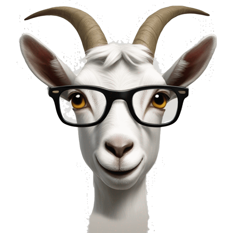 a goat with glasses superimposed on its face. The goat's expression is straight and the glasses give it a human-like appearance. emoji